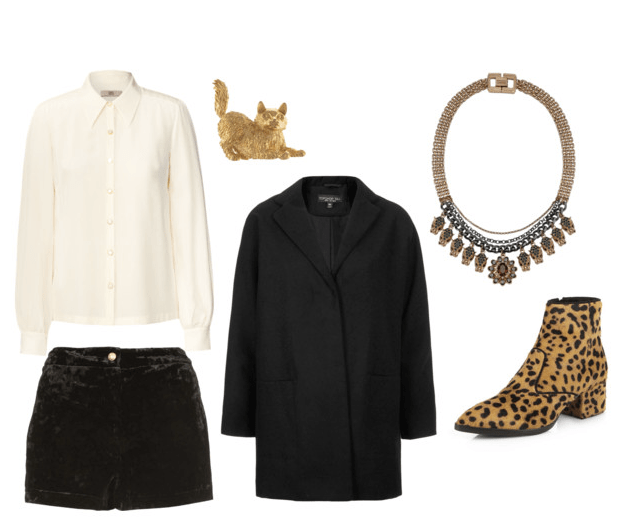 Orla Kiely Blouse, Topshop Velvet Shorts, Topshop Coat, Mawi Necklace, Saks Leopard Print Booties